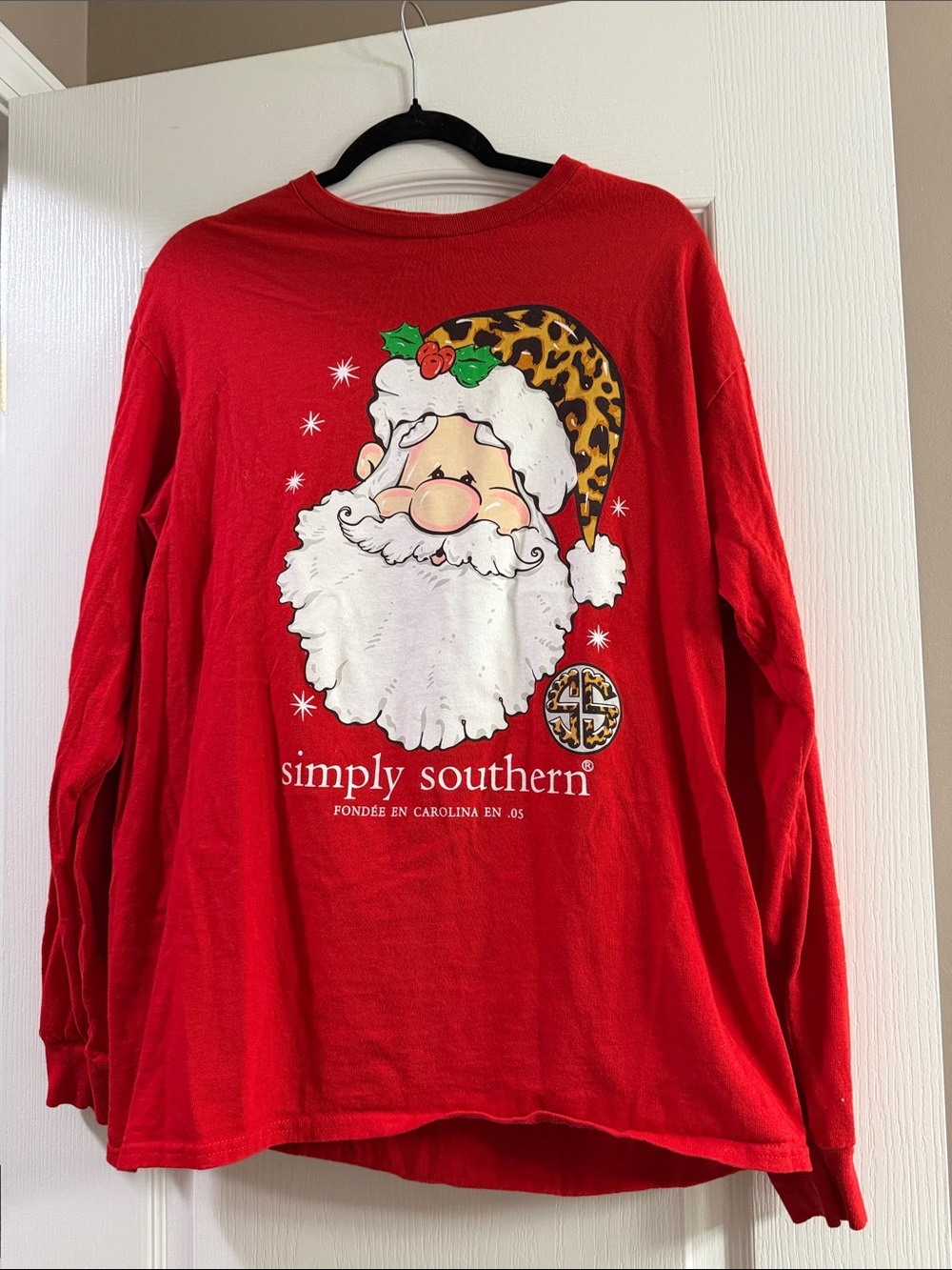 Simply Southern Christmas Red Santa with Leopard Hat Long Sleeve Tee